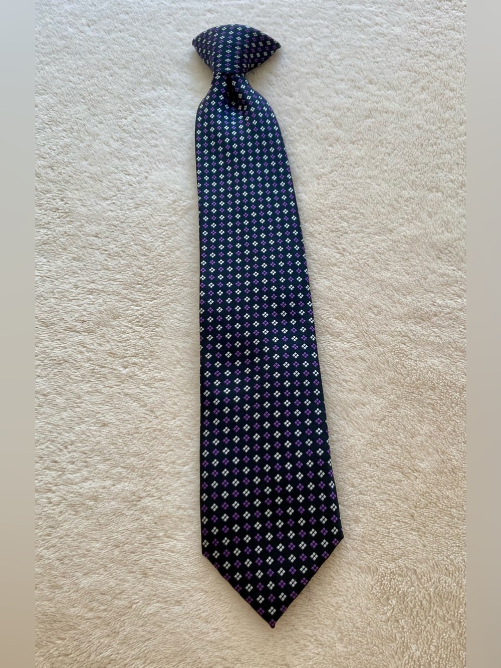 Classic Boys Navy Clip-On Tie with Purple Dot Pattern